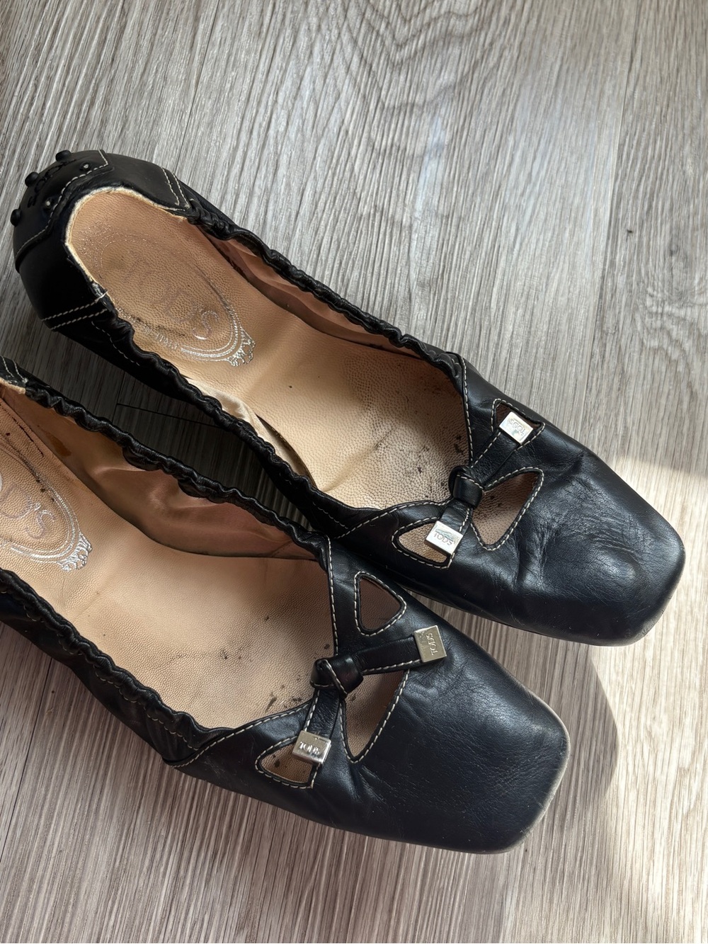 Tod’s Black Women's Square-Toe Ballet Flats with Bow Accent Size 10